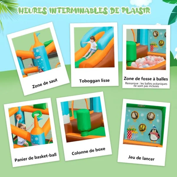 Château Gonflable avec Toboggan pour Enfants 3-12 Ans Aire de Jeux Panier de Basket-Ball pour Cour Pelouse Charge 90KG