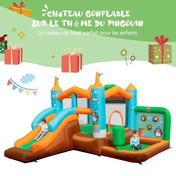 Château Gonflable avec Toboggan pour Enfants 3-12 Ans Aire de Jeux Panier de Basket-Ball pour Cour Pelouse Charge 90KG
