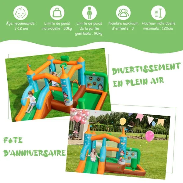 Château Gonflable avec Toboggan pour Enfants 3-12 Ans Aire de Jeux Panier de Basket-Ball pour Cour Pelouse Charge 90KG