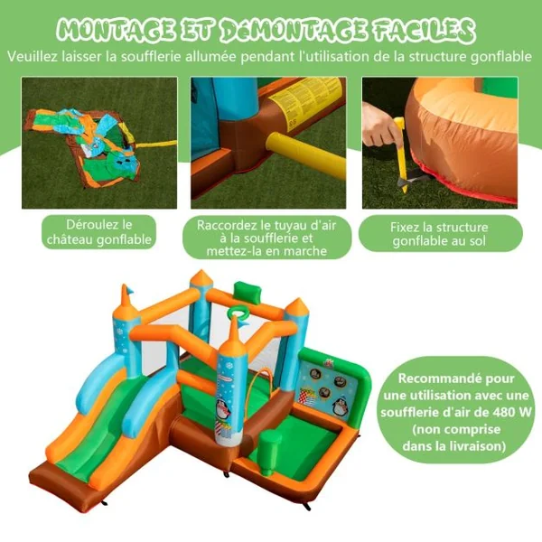 Château Gonflable avec Toboggan pour Enfants 3-12 Ans Aire de Jeux Panier de Basket-Ball pour Cour Pelouse Charge 90KG