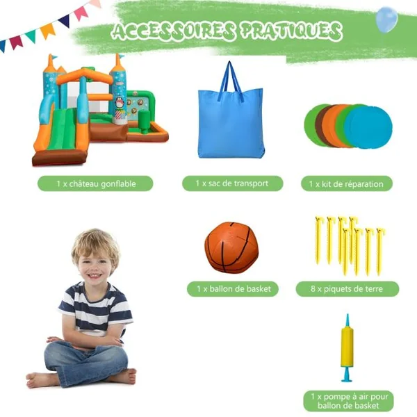 Château Gonflable avec Toboggan pour Enfants 3-12 Ans Aire de Jeux Panier de Basket-Ball pour Cour Pelouse Charge 90KG