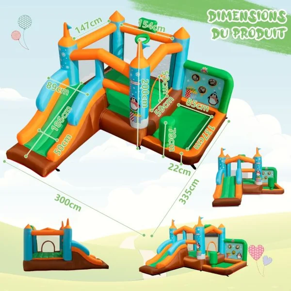 Château Gonflable avec Toboggan pour Enfants 3-12 Ans Aire de Jeux Panier de Basket-Ball pour Cour Pelouse Charge 90KG