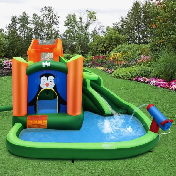 Château Gonflable avec Toboggans Aquatiques Aire de Jeux Gonflable Piscine avec Motif de Pingouin pour Enfants de 3 à 10 Ans