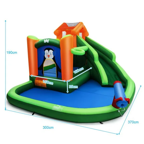 Château Gonflable avec Toboggans Aquatiques Aire de Jeux Gonflable Piscine avec Motif de Pingouin pour Enfants de 3 à 10 Ans