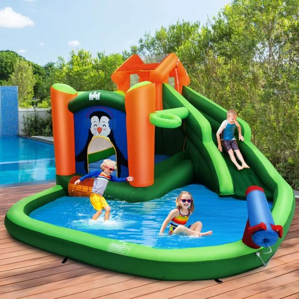 Château Gonflable avec Toboggans Aquatiques Aire de Jeux Gonflable Piscine avec Motif de Pingouin pour Enfants de 3 à 10 Ans