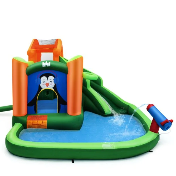 Château Gonflable avec Toboggans Aquatiques Aire de Jeux Gonflable Piscine avec Motif de Pingouin pour Enfants de 3 à 10 Ans