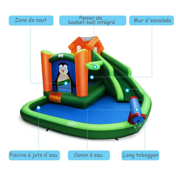 Château Gonflable avec Toboggans Aquatiques Aire de Jeux Gonflable Piscine avec Motif de Pingouin pour Enfants de 3 à 10 Ans