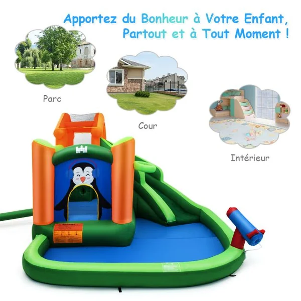 Château Gonflable avec Toboggans Aquatiques Aire de Jeux Gonflable Piscine avec Motif de Pingouin pour Enfants de 3 à 10 Ans