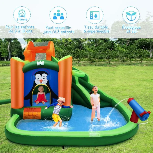 Château Gonflable avec Toboggans Aquatiques Aire de Jeux Gonflable Piscine avec Motif de Pingouin pour Enfants de 3 à 10 Ans