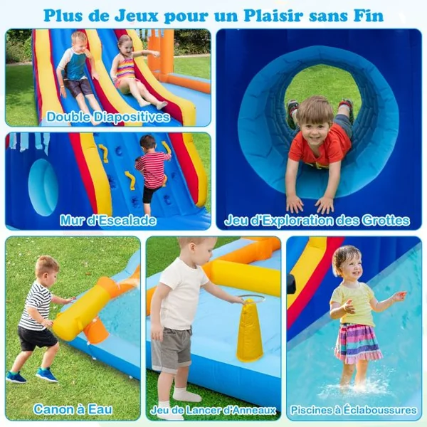 Château Gonflable en Forme Boîte avec Toboggan Aquatique & Mur d’Escalade Charge 90kg pour 3 Enfants de 3-10 Ans 693x295x263 cm Sans Souffleur