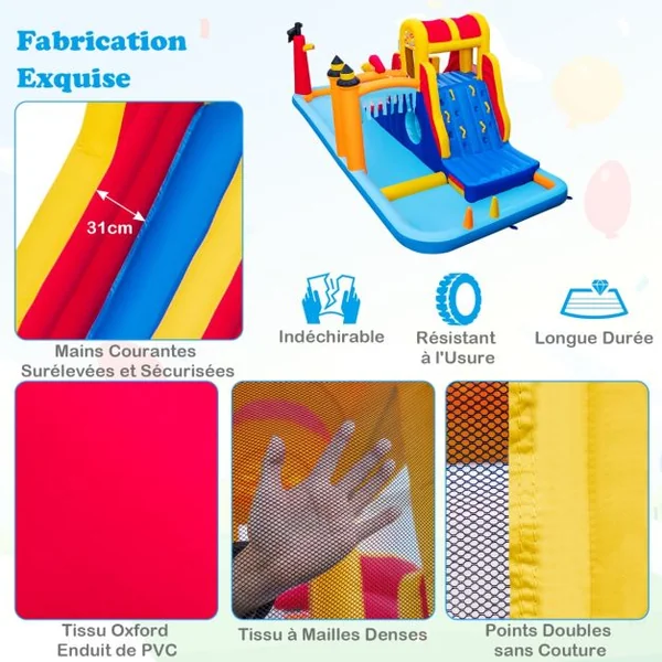 Château Gonflable en Forme Boîte avec Toboggan Aquatique & Mur d’Escalade Charge 90kg pour 3 Enfants de 3-10 Ans 693x295x263 cm Sans Souffleur