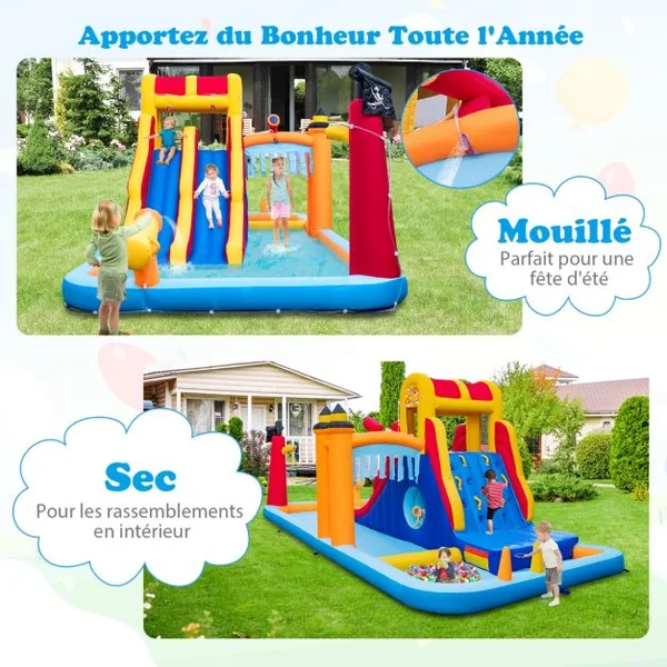 Château Gonflable en Forme Boîte avec Toboggan Aquatique & Mur d’Escalade Charge 90kg pour 3 Enfants de 3-10 Ans 693x295x263 cm Sans Souffleur
