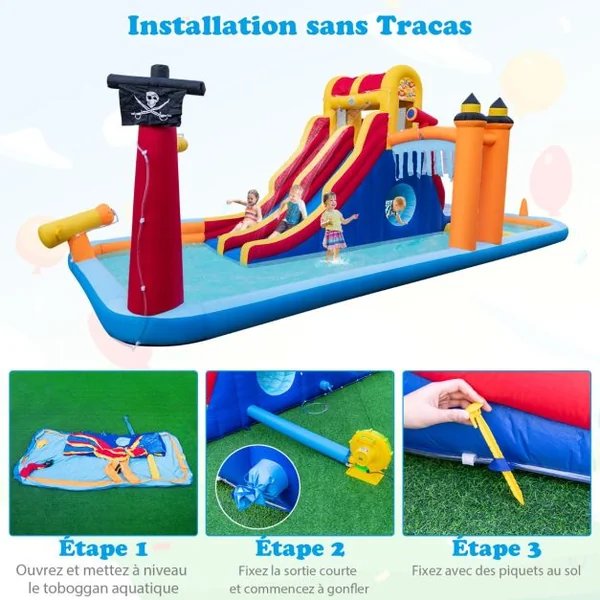 Château Gonflable en Forme Boîte avec Toboggan Aquatique & Mur d’Escalade Charge 90kg pour 3 Enfants de 3-10 Ans 693x295x263 cm Sans Souffleur