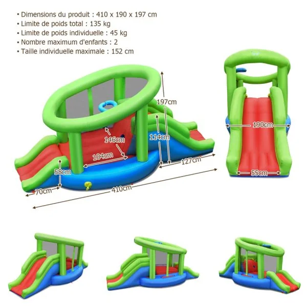 Château Gonflable en Forme de Escargot avec 2 Toboggans Maison de Rebond Gonflable avec Mur d'Escalade Panier de Basket Ventilateur non inclus