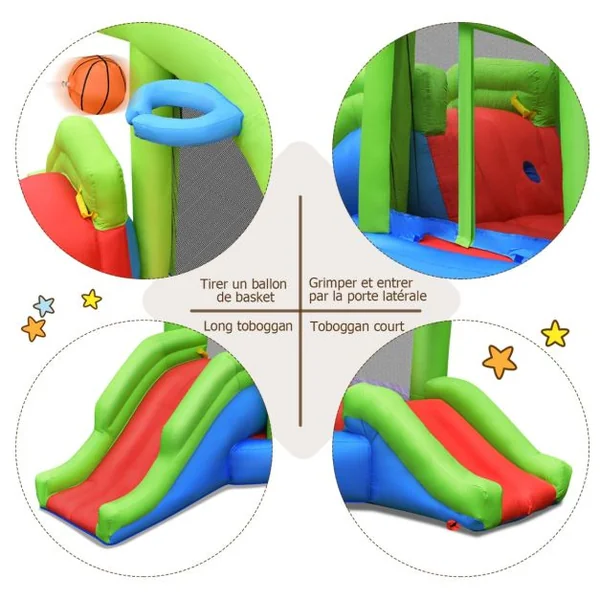 Château Gonflable en Forme de Escargot avec 2 Toboggans Maison de Rebond Gonflable avec Mur d'Escalade Panier de Basket Ventilateur non inclus