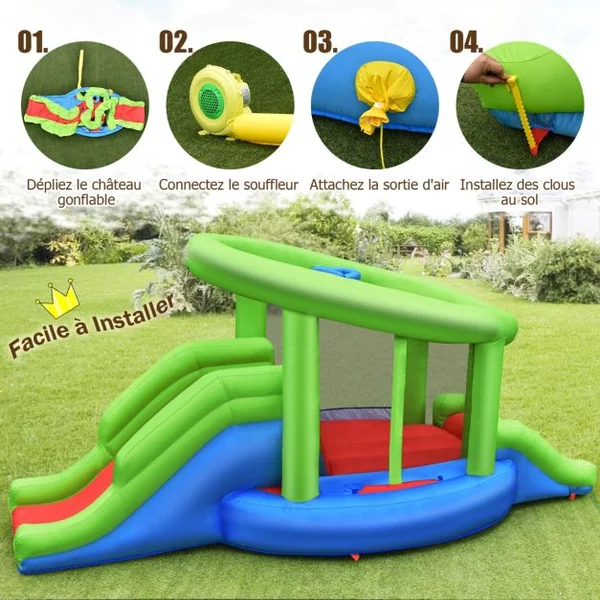 Château Gonflable en Forme de Escargot avec 2 Toboggans Maison de Rebond Gonflable avec Mur d'Escalade Panier de Basket Ventilateur non inclus