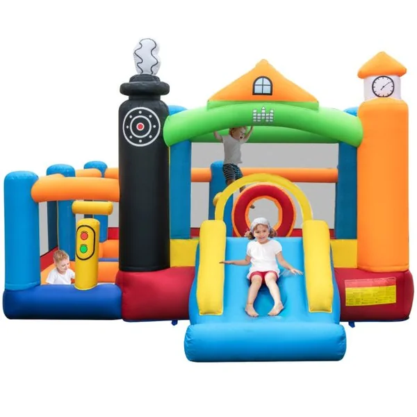 Château Gonflable Enfants 50 Balles Colorées 3 Fosses à Balles Toboggan Panier de Basket-ball Cerceau Central sans Souffleur