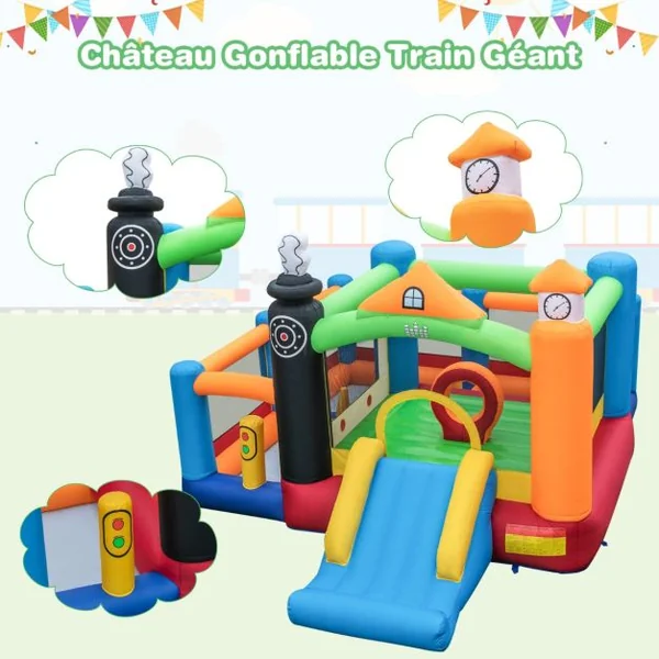 Château Gonflable Enfants 50 Balles Colorées 3 Fosses à Balles Toboggan Panier de Basket-ball Cerceau Central sans Souffleur
