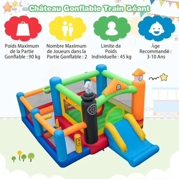 Château Gonflable Enfants 50 Balles Colorées 3 Fosses à Balles Toboggan Panier de Basket-ball Cerceau Central sans Souffleur