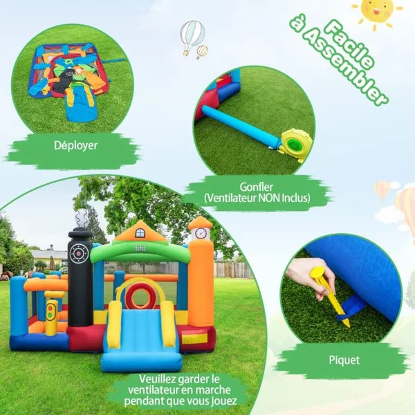 Château Gonflable Enfants 50 Balles Colorées 3 Fosses à Balles Toboggan Panier de Basket-ball Cerceau Central sans Souffleur