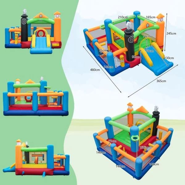 Château Gonflable Enfants 50 Balles Colorées 3 Fosses à Balles Toboggan Panier de Basket-ball Cerceau Central sans Souffleur
