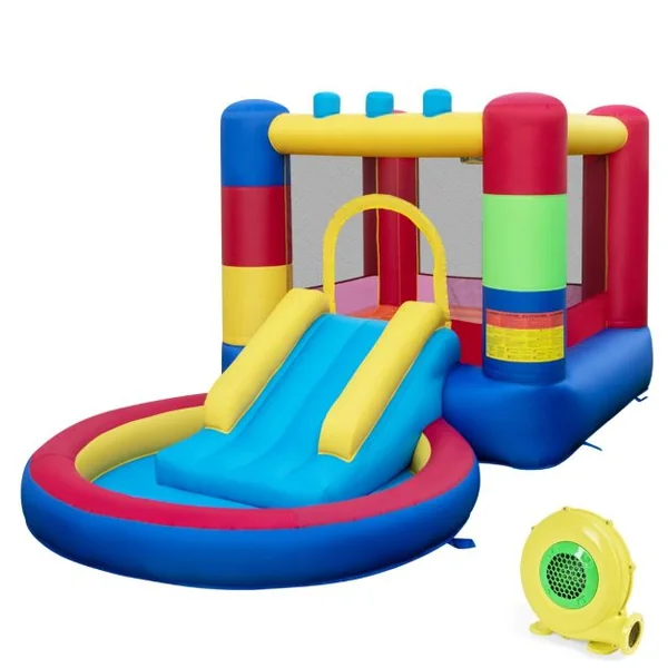 Château Gonflable Enfants avec Toboggan et Souffleur 480W Parc Aquatique avec Piscine et 50 Boules Thème Puzzle Charge Max 90kg 3 Ans+