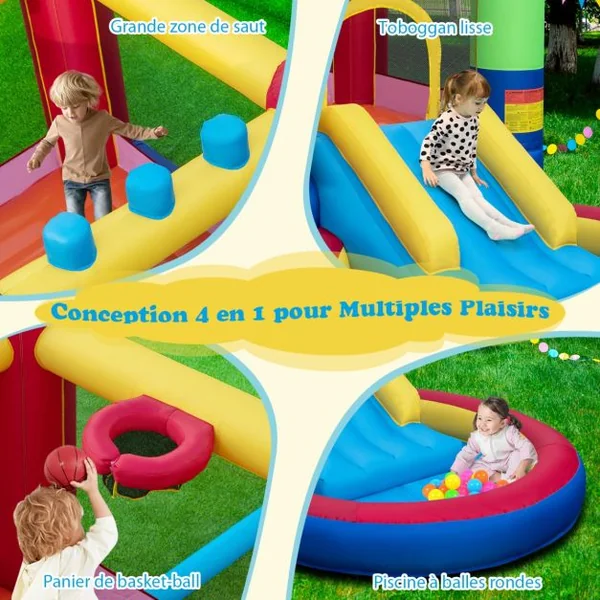 Château Gonflable Enfants avec Toboggan et Souffleur 480W Parc Aquatique avec Piscine et 50 Boules Thème Puzzle Charge Max 90kg 3 Ans+
