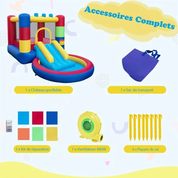 Château Gonflable Enfants avec Toboggan et Souffleur 480W Parc Aquatique avec Piscine et 50 Boules Thème Puzzle Charge Max 90kg 3 Ans+