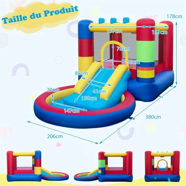 Château Gonflable Enfants avec Toboggan et Souffleur 480W Parc Aquatique avec Piscine et 50 Boules Thème Puzzle Charge Max 90kg 3 Ans+