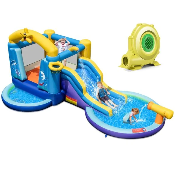 Château Gonflable Océan 6 en 1 avec Souffleur 680W Toboggan Aquatique & 2 Piscines Maison de Rebond Gonflable Charge 90kg