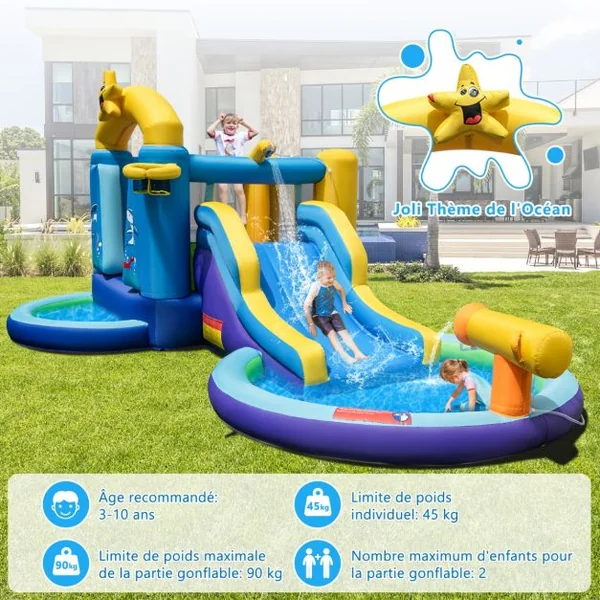 Château Gonflable Océan 6 en 1 avec Souffleur 680W Toboggan Aquatique & 2 Piscines Maison de Rebond Gonflable Charge 90kg