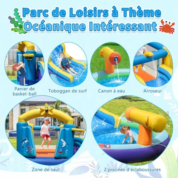 Château Gonflable Océan 6 en 1 avec Souffleur 680W Toboggan Aquatique & 2 Piscines Maison de Rebond Gonflable Charge 90kg