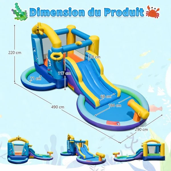 Château Gonflable Océan 6 en 1 avec Souffleur 680W Toboggan Aquatique & 2 Piscines Maison de Rebond Gonflable Charge 90kg