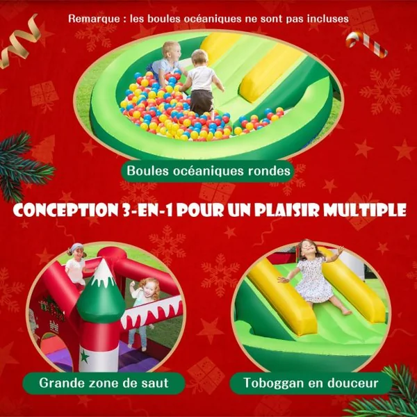 Château Gonflable pour Enfants 3-10 ans sur Thème de Noël avec Toboggan Piscine Rondes à Balles Trampoline avec Gonfleur 480 W