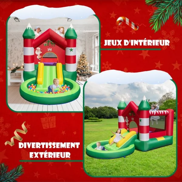 Château Gonflable pour Enfants 3-10 ans sur Thème de Noël avec Toboggan Piscine Rondes à Balles Trampoline avec Gonfleur 480 W