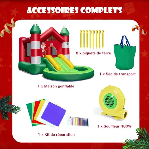 Château Gonflable pour Enfants 3-10 ans sur Thème de Noël avec Toboggan Piscine Rondes à Balles Trampoline avec Gonfleur 480 W