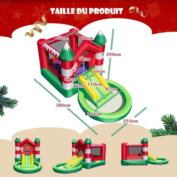 Château Gonflable pour Enfants 3-10 ans sur Thème de Noël avec Toboggan Piscine Rondes à Balles Trampoline avec Gonfleur 480 W