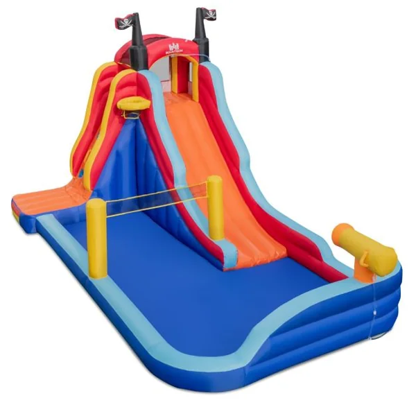 Château Gonflable sur Thème de Pirate avec Toboggan Parc Aquatique Gonflable avec Panier de Basket pour 2 Enfants de 3-10 Ans