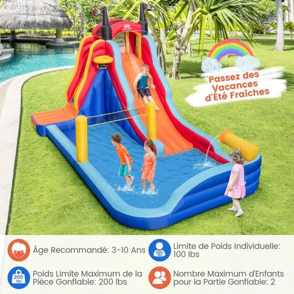 Château Gonflable sur Thème de Pirate avec Toboggan Parc Aquatique Gonflable avec Panier de Basket pour 2 Enfants de 3-10 Ans