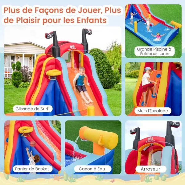 Château Gonflable sur Thème de Pirate avec Toboggan Parc Aquatique Gonflable avec Panier de Basket pour 2 Enfants de 3-10 Ans