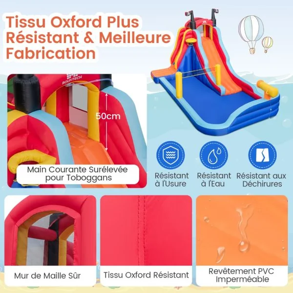 Château Gonflable sur Thème de Pirate avec Toboggan Parc Aquatique Gonflable avec Panier de Basket pour 2 Enfants de 3-10 Ans