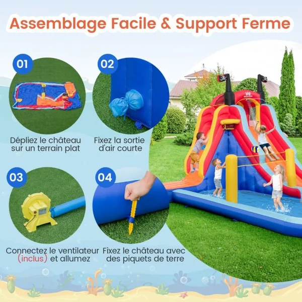 Château Gonflable sur Thème de Pirate avec Toboggan Parc Aquatique Gonflable avec Panier de Basket pour 2 Enfants de 3-10 Ans