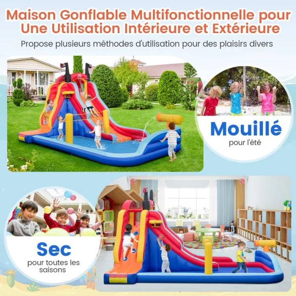 Château Gonflable sur Thème de Pirate avec Toboggan Parc Aquatique Gonflable avec Panier de Basket pour 2 Enfants de 3-10 Ans