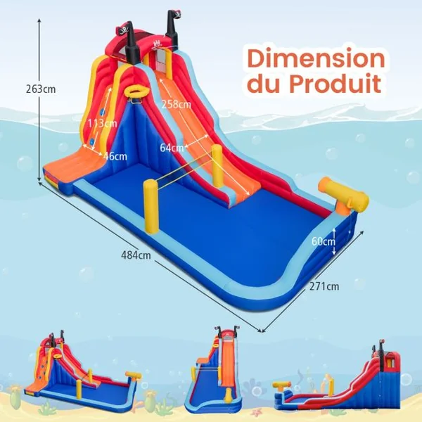 Château Gonflable sur Thème de Pirate avec Toboggan Parc Aquatique Gonflable avec Panier de Basket pour 2 Enfants de 3-10 Ans