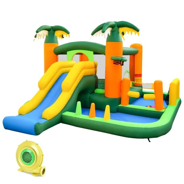 Château Gonflable Tropical 8 en 1 avec Toboggan Maison de Saut Gonflable avec 50 Balles Océaniques 2 Piscines à Balles Charge 180 kg