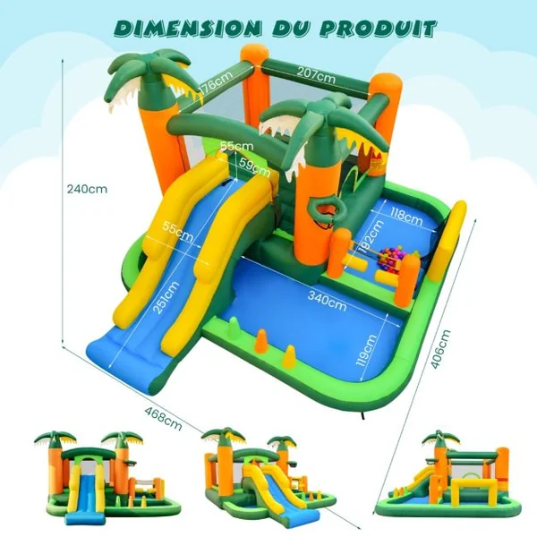 Château Gonflable Tropical 8 en 1 avec Toboggan Maison de Saut Gonflable avec 50 Balles Océaniques 2 Piscines à Balles Charge 180 kg
