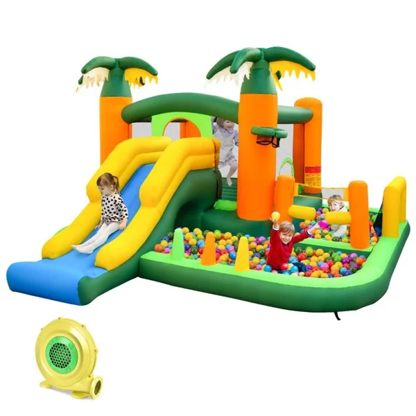 Château Gonflable Tropical 8 en 1 avec Toboggan Maison de Saut Gonflable avec 50 Balles Océaniques 2 Piscines à Balles Charge 180 kg