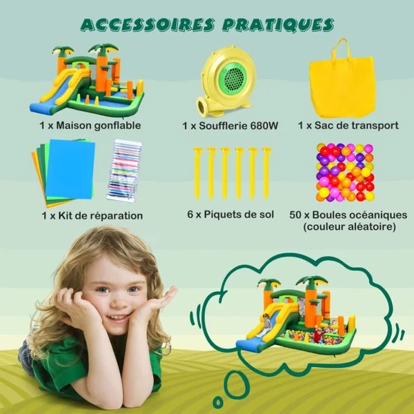 Château Gonflable Tropical 8 en 1 avec Toboggan Maison de Saut Gonflable avec 50 Balles Océaniques 2 Piscines à Balles Charge 180 kg