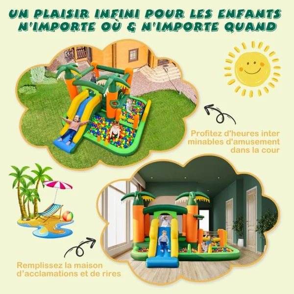 Château Gonflable Tropical 8 en 1 avec Toboggan Maison de Saut Gonflable avec 50 Balles Océaniques 2 Piscines à Balles Charge 180 kg