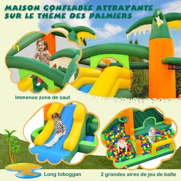 Château Gonflable Tropical 8 en 1 avec Toboggan Maison de Saut Gonflable avec 50 Balles Océaniques 2 Piscines à Balles Charge 180 kg